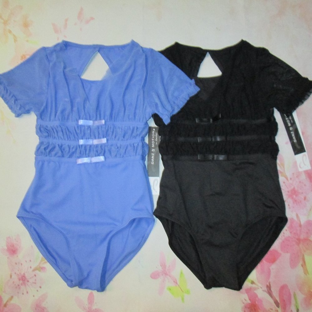 Leotard New 2-4 4-6 6-7 8-10 12-14 Blue Black Short Sleeve Ballet Dance Costume